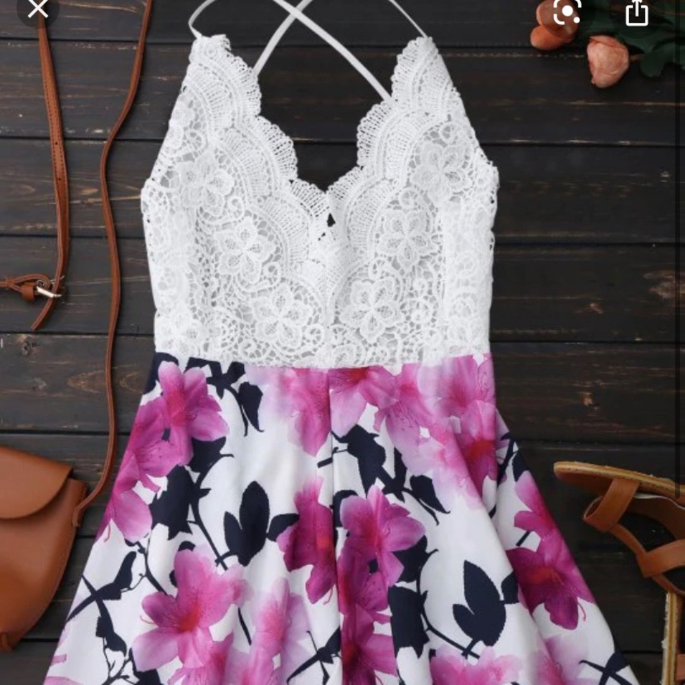 Open Back Lace Floral Wide Leg Romper